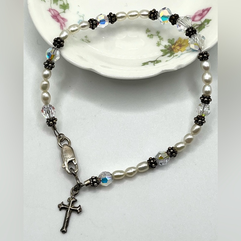 Vintage Sterling Silver Pearl and AB Crystal Cross Charm Bracelet